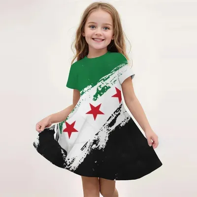 2025 Summer Girl 3D Dress Syrian Flag Girl Short Sleeve Children's Clothing Princess Printed Cute Children's Clothing Party Top