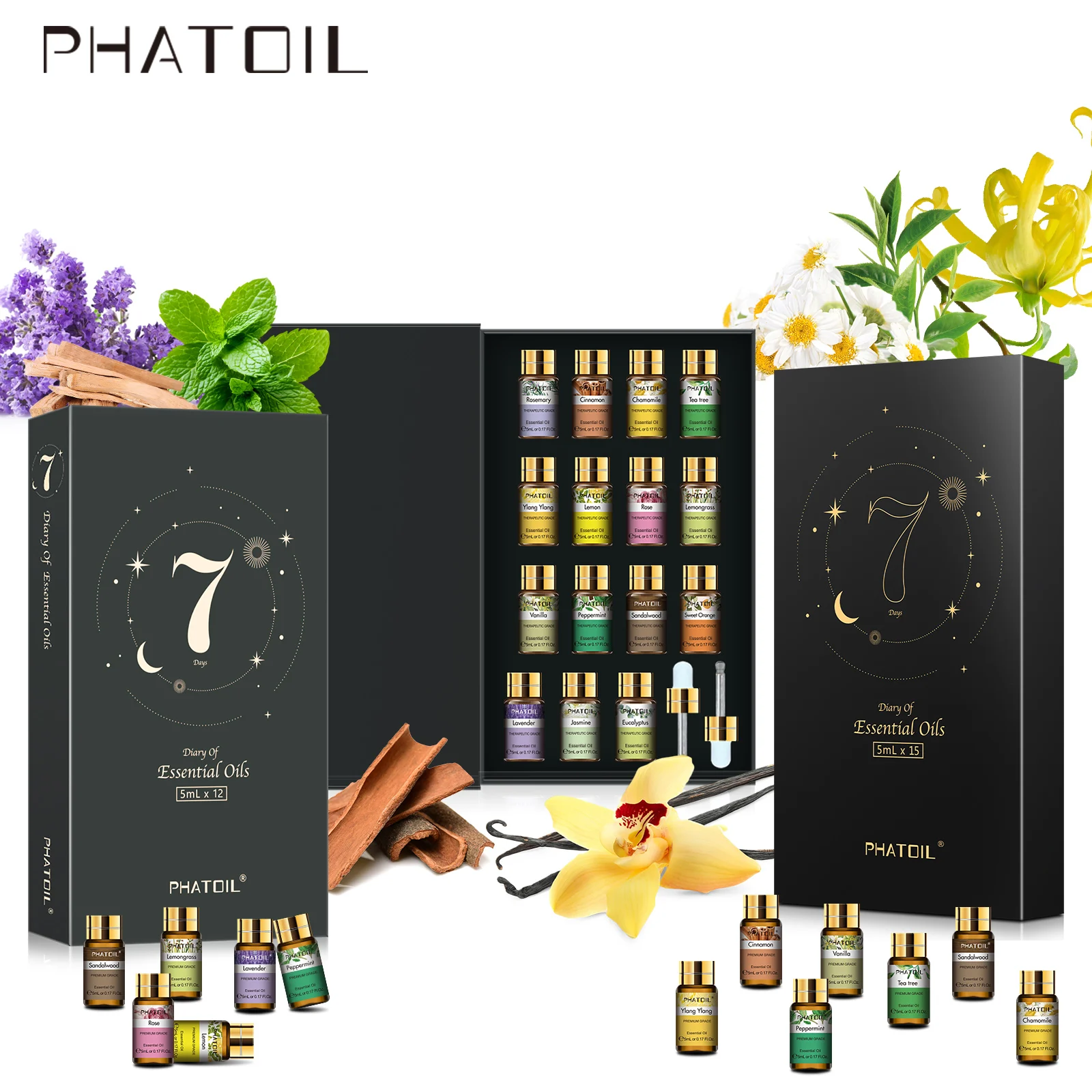 PHATOIL 12 Stück/15 Stück Aromatherapie-ätherisches Öl-Set – 5 ml Lavendel Vanille Bergamotte Ylang Zitronengras Pfefferminze Rose Zitronenaroma Image