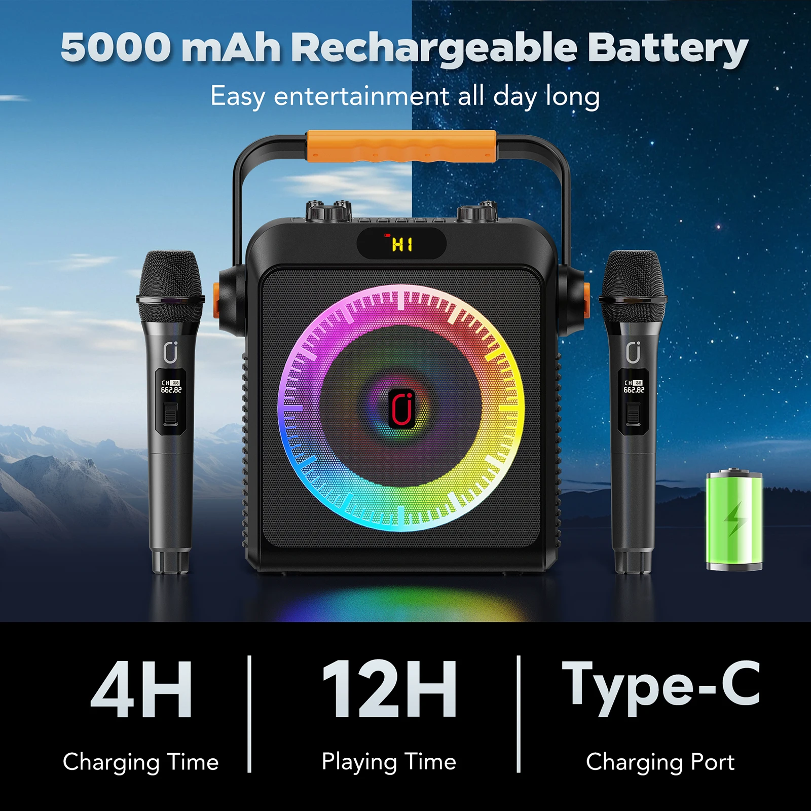 T19-T Karaoke-Maschine mit 2 kabellosen Mikrofonen, schwarze Karaoke-Lautsprecher mit Bass-/Treble-Einstellung Image