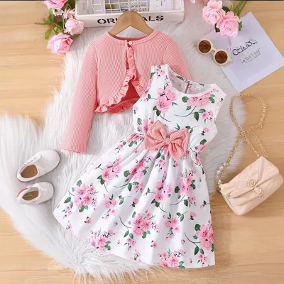 2-teiliges Kinder-Kostüm-Set für Mädchen, Hosenträger, Blumenkleid, rosa Langarm-Jacke, Geburtstagsparty-Outfit, Sommerkleid für Mädchen von 3–8 Jahren Image