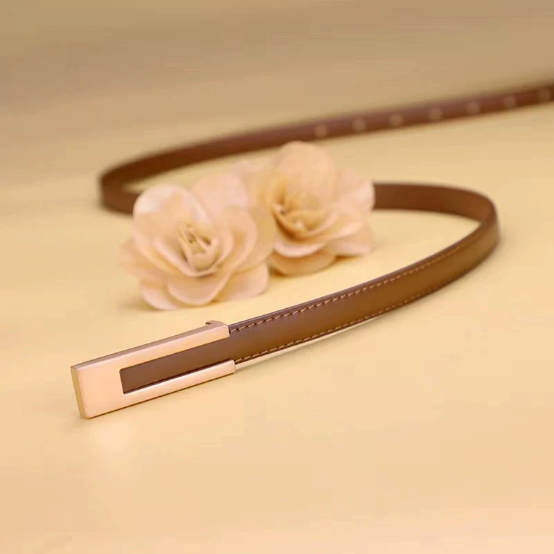 Echtes Leder Dünnen Gürtel Frauen Mode Rindsleder Gold Metall Schwarz Weiß Gürtel Weibliche Jeans Kleid Zubehör Bund Dünne Gürtel Image