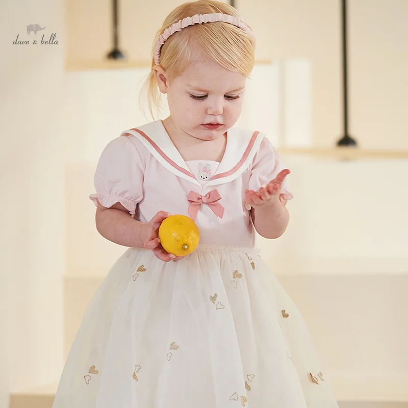 Dave Bella Mädchen Prinzessin Kleid 2024 neue Sommer Kinder Baby kurze Ärmel Mesh niedlichen süßen Mode akademischen Stil db2240952 Image