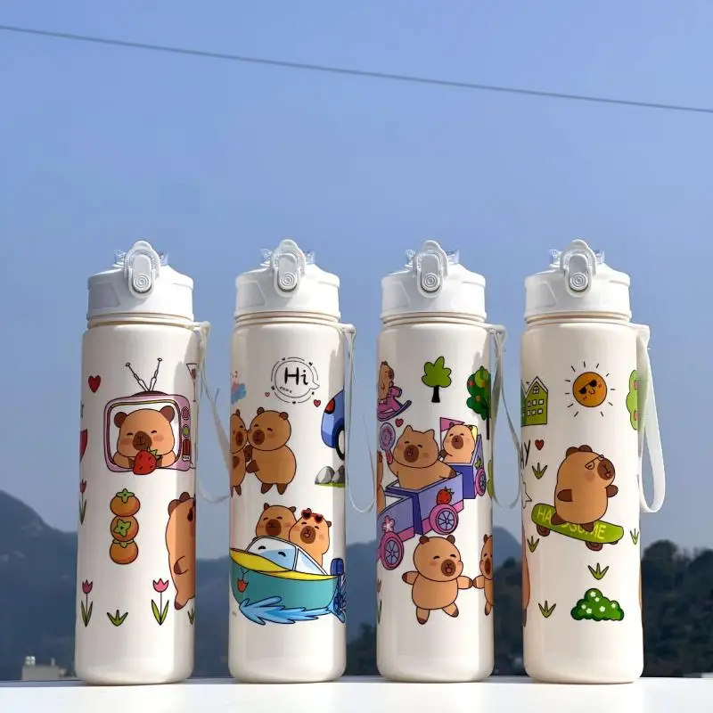 Nette Cartoon Tragbare Outdoor Wasser Flasche Mit Stroh Tragen String Capybara Stroh MugFür Kinder Kinder Wasser Tasse Für Daliy Image