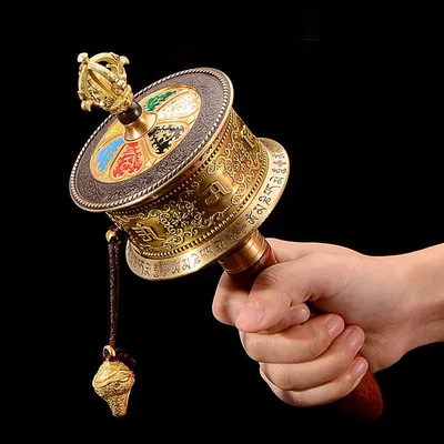 Copper hand cranked prayer wheel, Color painted Six-character mantra, Eight-auspicious manual scripture tube, Home ornaments