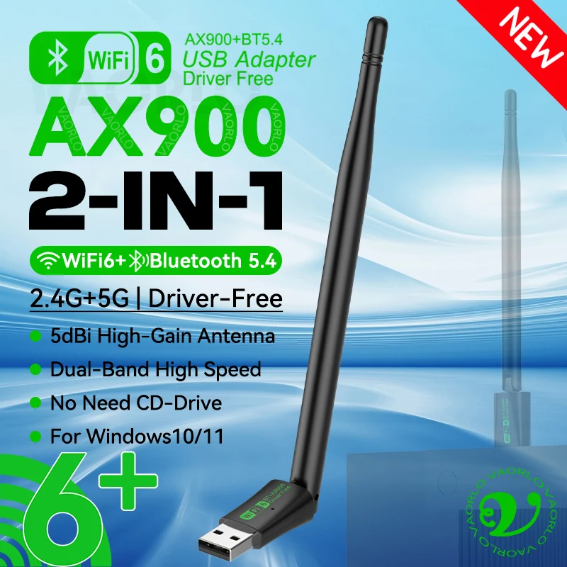 2-in-1-AX900-USB-WIFI6-Bluetooth-5.4-Adapter, 2,4 G + 5 GHz, Dualband, 900 Mbit/s, 802.11AX, Hochgeschwindigkeits-Wireless-Netzwerkkarte, Empfänger-Dongle mit Antenne für PC/Laptop, WIN10/11, Treiber Image