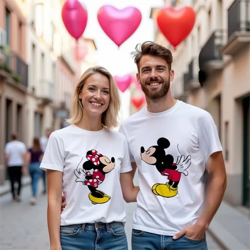 Disney Mickey und Minnie Druck Paare T-shirt Für Männer Frauen Baumwolle Kurzarm Oansatz Tees Sommer Casual Übergroßen Tops Image