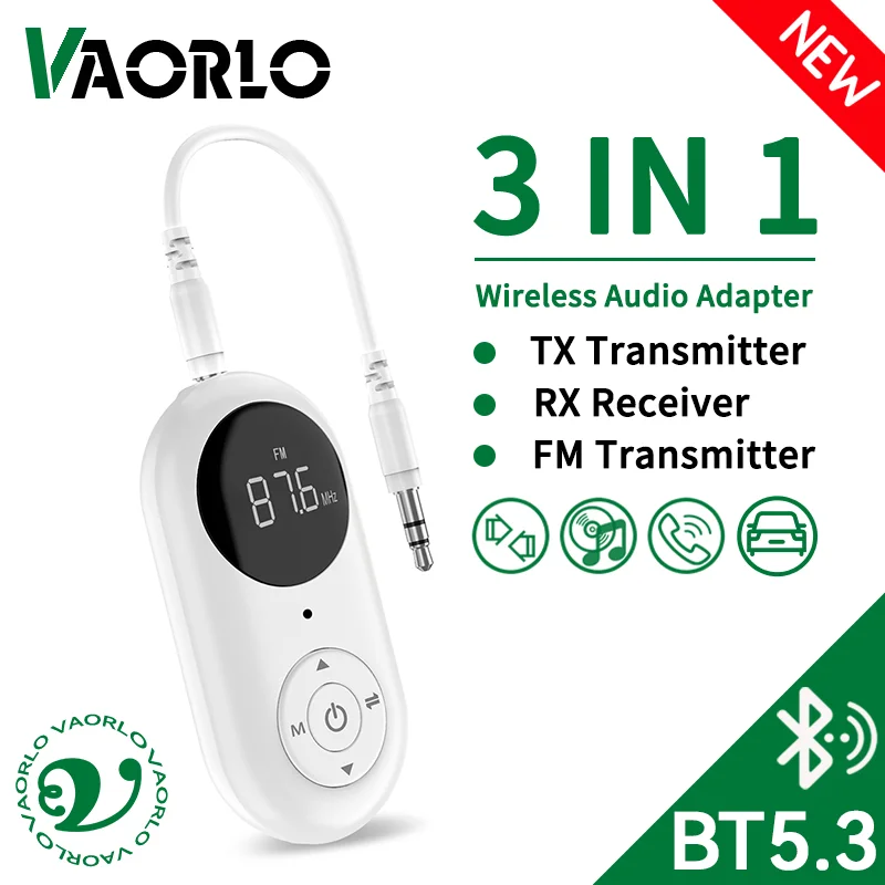 3-in-1 Bluetooth 5.3 Audioempfänger Sender 3,5 mm AUX FM Sender Drahtloser Audio-Adapter mit Mikrofon für Auto-TV-PC-Lautsprecher Image