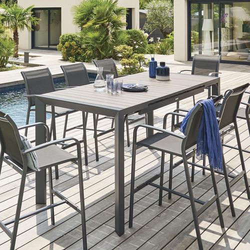 Table haute de jardin extensible ÉVASION Seigle effet bois Graphite 8 places - Aluminium traité époxy Hespéride