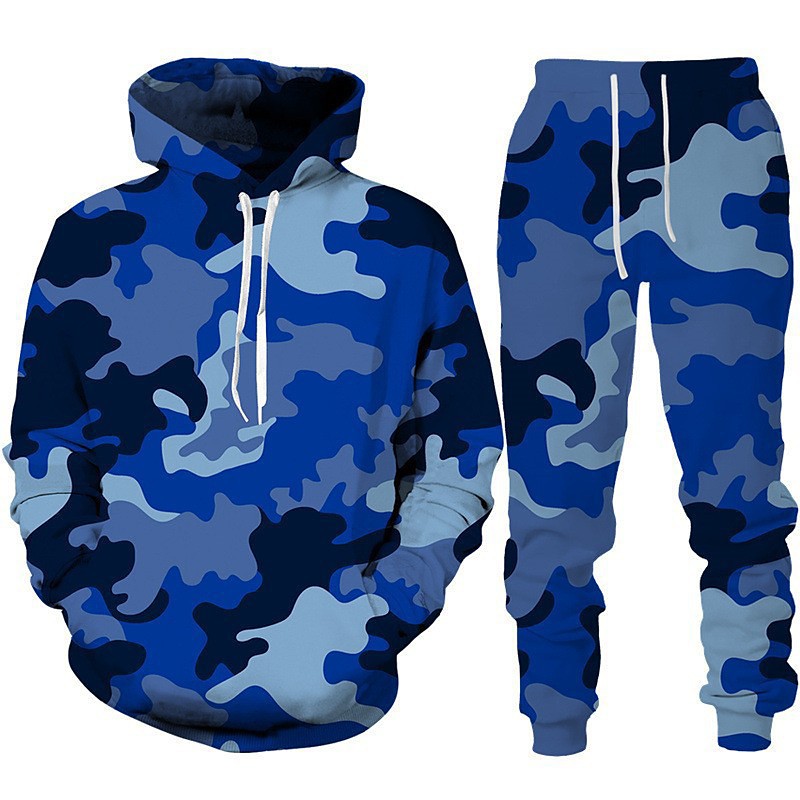Men's Tracksuit Outfit Set Hoodies Set Hoodie Outdoor Daily Sports Pocket Drawstring Camo / Camouflage Navy Blue Dark Green Green Graphic Print Polyester Activewear Fashion Streetwear Fall