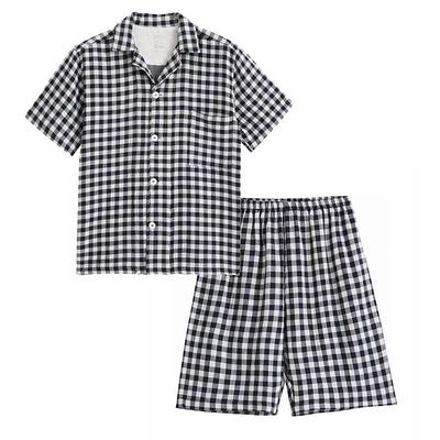 Men's Sleepwear Pajama Set Pajama Top and Shorts 1 set Plaid Fashion Stylish Classic Home Daily Bed Cotton Comfort Soft Breathable Lapel Short Sleeve Shirt Shorts Elastic Waist Buttons Summer Navy