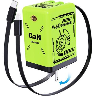 45W GaN Charger Fast Charging,Retractable Phone Charger Wall Plug with Lightening and Type-C Cables, for Phone, Android and More