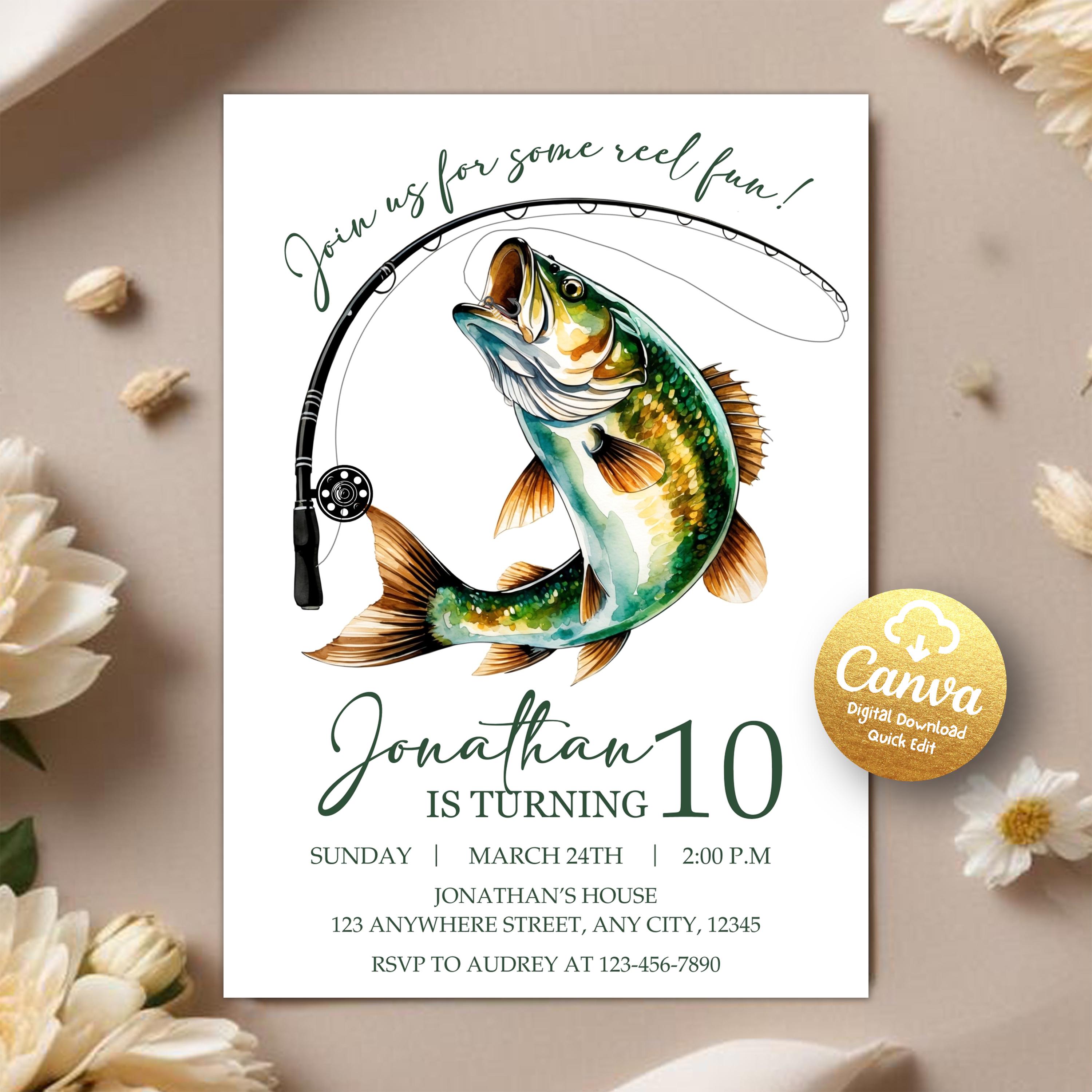 Modello di invito di compleanno a tema pesca, invito di compleanno a tema pesca, invito di compleanno a tema pesca, divertiti, compleanno di un bambin