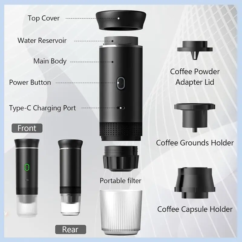 EAS-machine à café expresso électrique Portable sans fil cafetière Portable 3-en-1 Capsule poudre cafetière de voyage argent