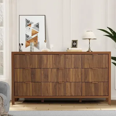 Mid Century Modern Dresser TV Stand, 9 Drawer Dresser for Bedroom Wood, Farmhouse Boho Storage Cabinet Side Table with Solid Nat