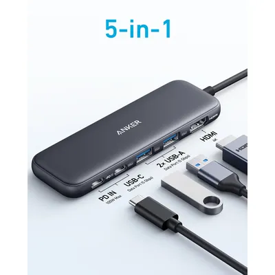 Anker USB C Hub, 5-in-1 USBC to HDMI Splitter with 4K Display, 1 x Powered USB-C 5Gbps & 2×Powered USB-A 3.0 5Gbps Data Ports