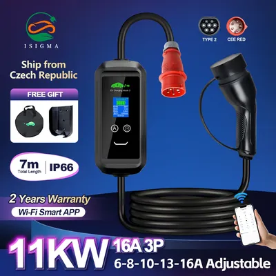 Isigma Mobile EV-Ladegerät 16 A 11 kW Typ 2 Tuya APP Wifi Connect Home Charging PHEV Hybrid-Auto-Ladegerät für Elektrofahrzeuge, insgesamt 7 m