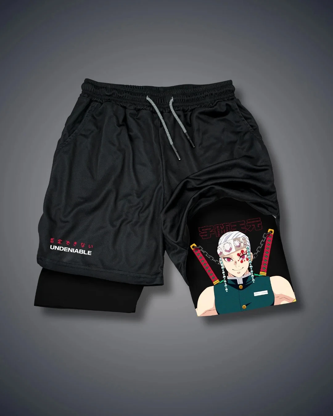 Demon Slayer Offiziell lizenzierte Trainingsshorts aus schwarzer Baumwolle mit Nezuko-Aufdruck, unzerbrechlich, Kanji-Text, elastische Taille, Workout-Shorts Image