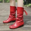 Heißer Winter Casual Niedrigen Quadratischen Absatz Frauen Warme Stiefel Schwarz Rot Weiches Leder Runde Kappe Ritter Kurze Stiefel Damen Lace Up Arbeit Schuhe