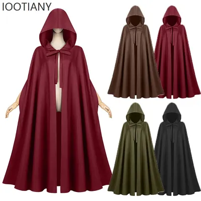 Mittelalterliche Frauen Männer Vintage Gothic Red Kapuzenumhang Mantel Halloween Vampir Teufel Zauberer Umhang Wikinger Robe Party Cosplay Kostüm Image