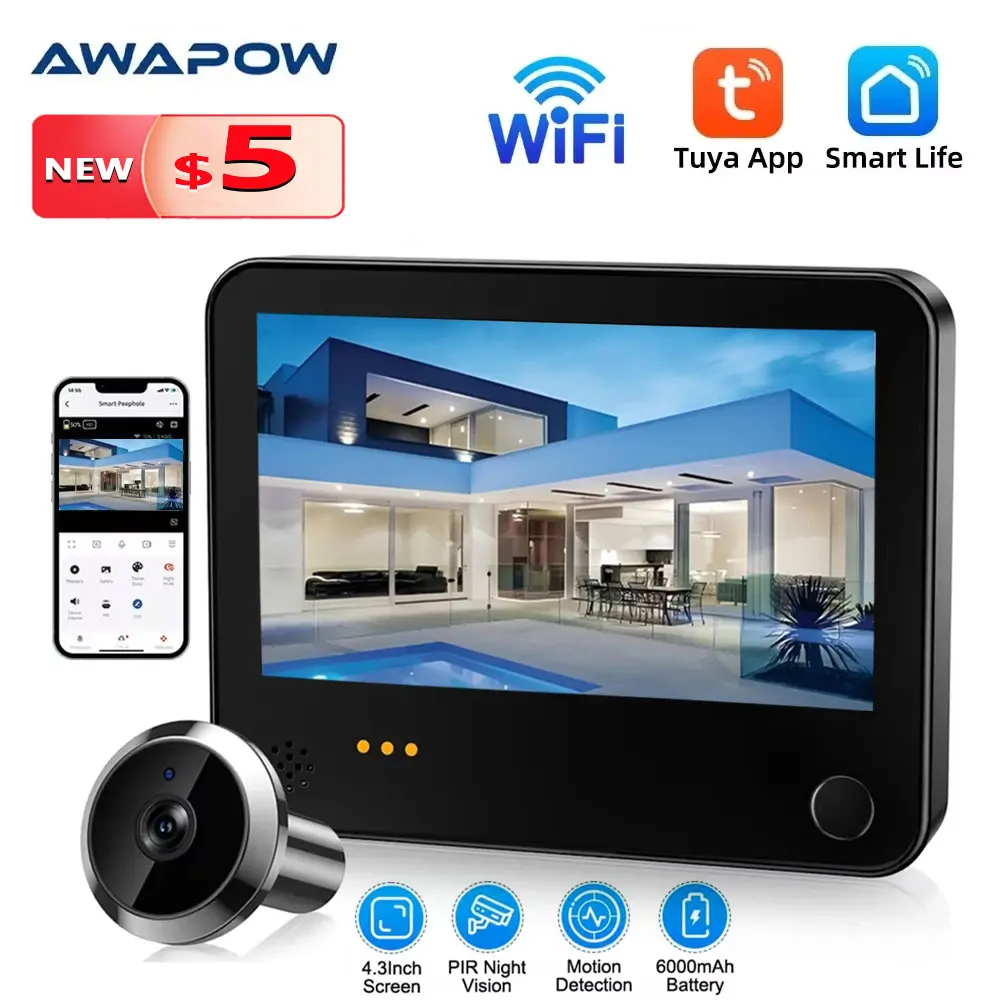 Awapow 4,3 Zoll Tuya Wireless Video Türklingel WiFi Überwachungskamera Visuelle Gegensprechanlage Digitale Türkamera PIR Bewegungserkennung Image