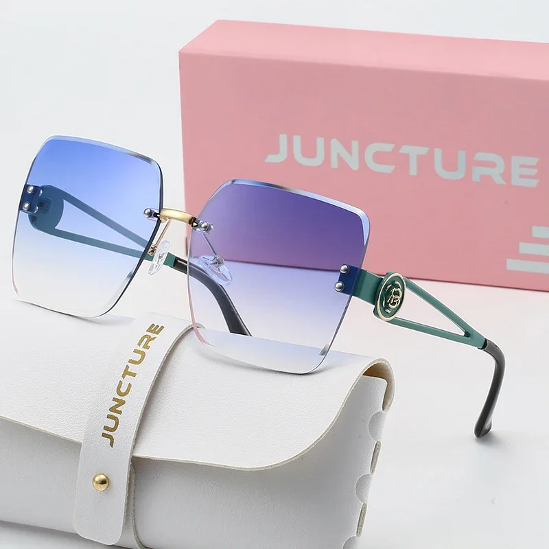 JUNCTURE Mode Frauen Sonnenbrille Luxus Marke Vintage Randlose Sonnenbrille Damen Gafas Blau Farbverlauf UV400 Party Urlaub Geschenke Image