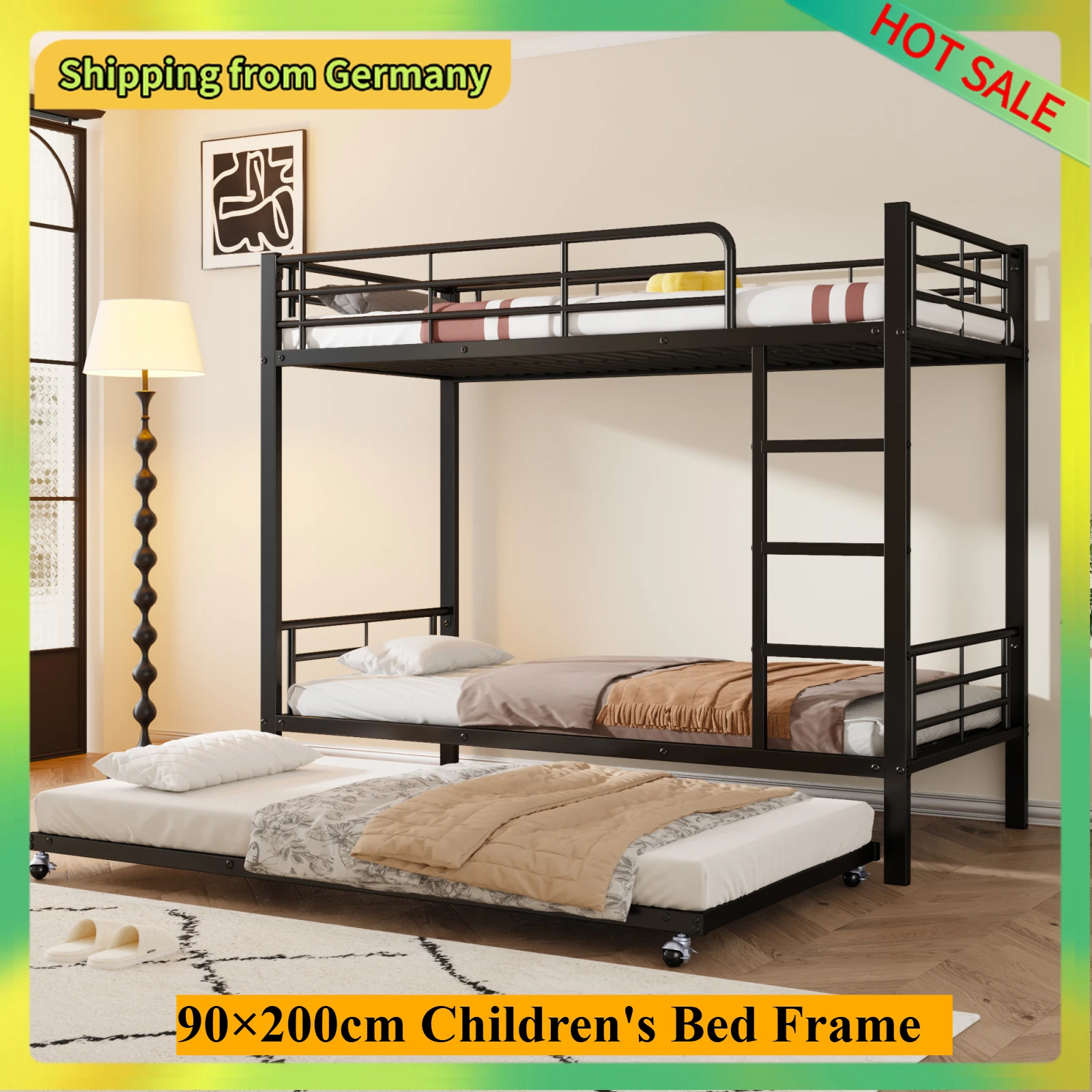 Comanlai 90 x 200 cm Kinderbettgestell, Doppelbett mit ausziehbarem Bett, Etagenbettgestell aus Eisen mit Absturzsicherung, Doppelbettgestell Image