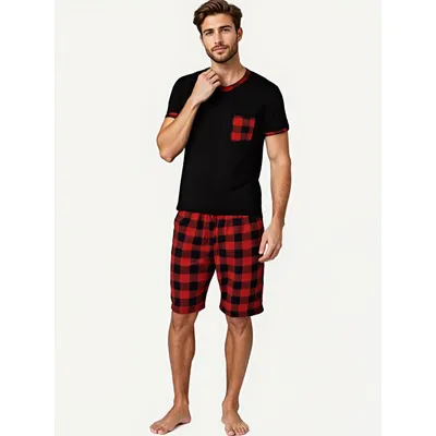 Herren-Pyjama-Sets, kurzärmelig, karierter Pyjama für Herren, Pyjama-Set, weiche Lounge-Nachtwäsche, Pyjama-Hose mit Taschen, Kordelzug, Shorts, Hemden Image