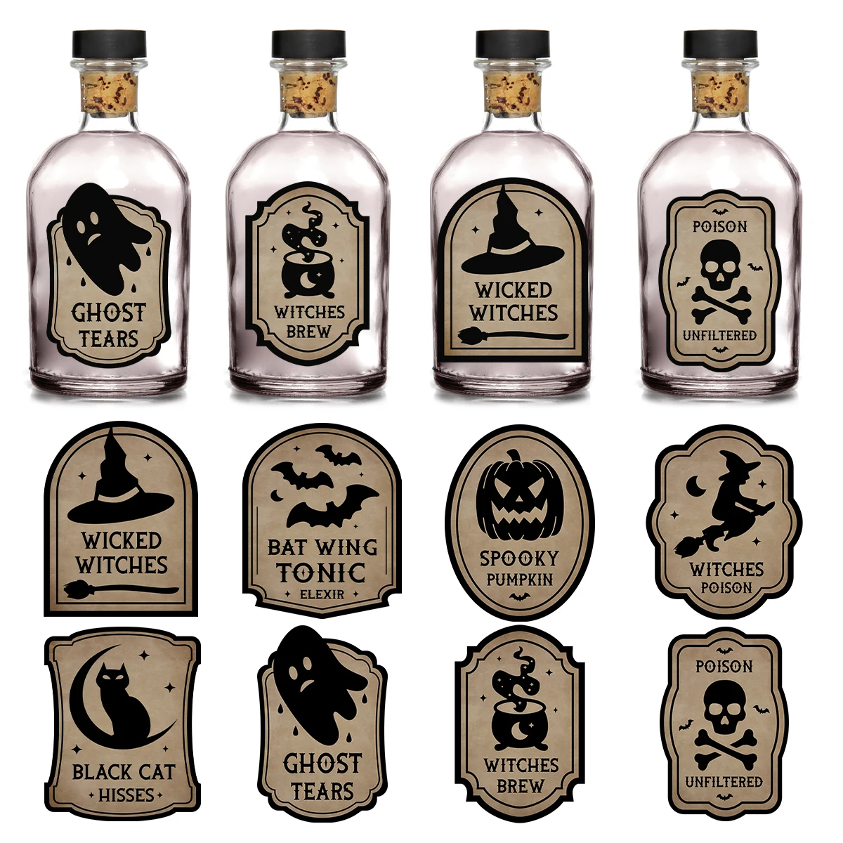 8 Stück Vintage-Halloween-Etikettenaufkleber, gruseliges Design zum Dekorieren von Zaubertrank, Glasflasche, Gläser, Party-Dekoration, Halloween-Versammlung Image