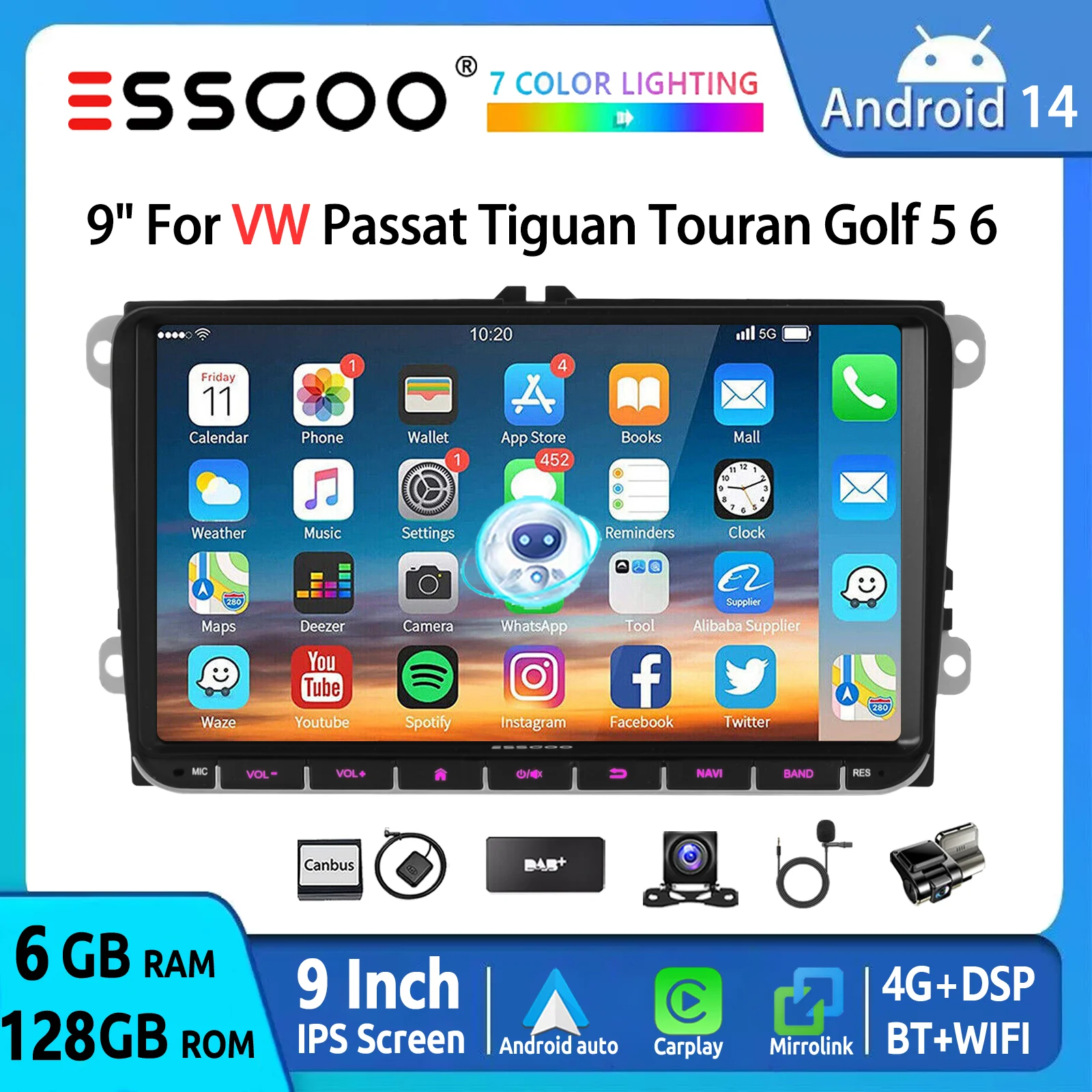 ESSGOO Android 14 Autoradio 9" 6+128 GB 4G für VW Golf 5/6 Touran Caddy Polo Jetta EOS Passat T5 GPS Navi Wireless CarPlay Android Auto Bluetooth WiFi AM DSP Lenkradfernbedienung Mirror Link Head Unit Image