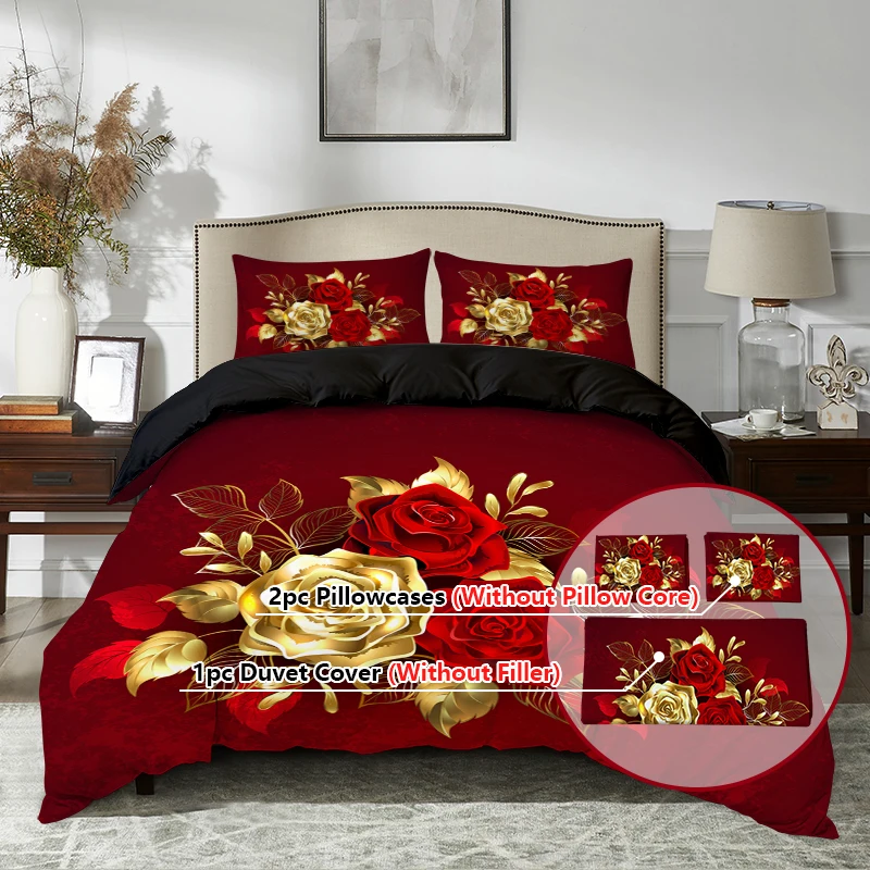 3-teiliges Bettbezug-Set mit goldener Rose, weiche und atmungsaktive Bettwäsche für Schlafzimmer und Schlafsaal, inklusive (Bettbezug*1+Kissenbezug*2) Image