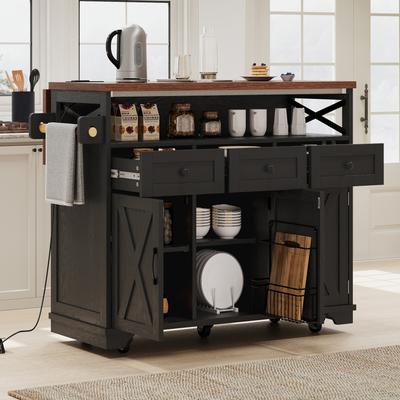 46 Inch Farmhouse Kitchen Island Drop Leaf 3 Drawers Power Outlet Wheels
