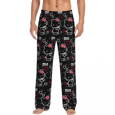Benutzerdefinierte Hello Kitty Pyjamahose Herren Kitty Weiße Nachtwäsche Lounge Schlafhose Stretch mit Taschen Image