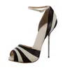 Schwarz-weiße Stiletto-Absätze, Abendschuhe, Knöchelriemen, Metall-Absätze, Pumps, Peep-Toe, gestreifte High-Heel-Schuhe für Damen, Größe 42