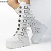 Neue 2025 frauen Lange Stiefel Cosplay Gothic Weiß Plattform Mitte Der Wade Lange Stiefel Punk Schwarz Sexy Motorräder Weibliche schuhe Stiefel