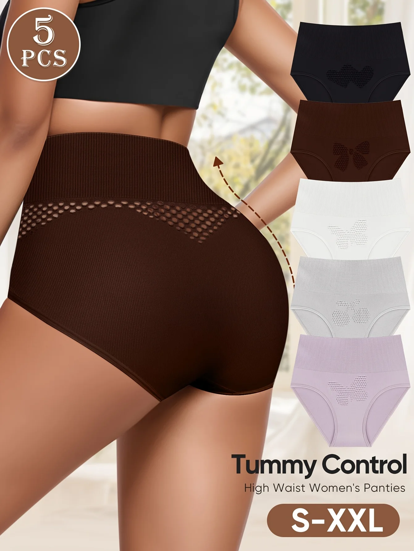 5er-Pack, schlankmachende, nahtlose Damenunterwäsche mit hoher Taille, Bauchkontrolle, Blumenmuster, Po-Lifting, bequeme Slips Image