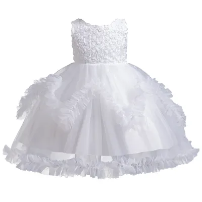 8621 Weißes Mädchen-Kleid mit 3D-Blumenschwanz, elegantes Geburtstags-Ballkleid für Kinder im Alter von 2 bis 10 Jahren Image