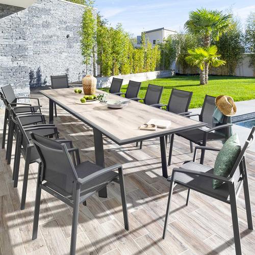 Table de jardin extensible PAVANE Graphite Pécan 12 places - Aluminium traité époxy, ECP Hespéride
