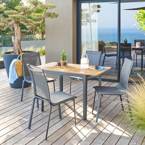 Ensemble table de jardin extensible FOLYA + 4 chaises AXANT Graphite places - Aluminium traité époxy, Eucalyptus certifié FSC® Hespéride