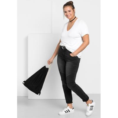 Bequeme Jeans SHEEGO, Damen, Gr. 50, Normalgrößen, schwarz (schwarz denim), 37% Viskose, 34% Baumwolle, 27% Polyester, 2% Elasthan, 67% Baumwolle, 2% Elasthan, 27% Polyester, lang, Jeans Image