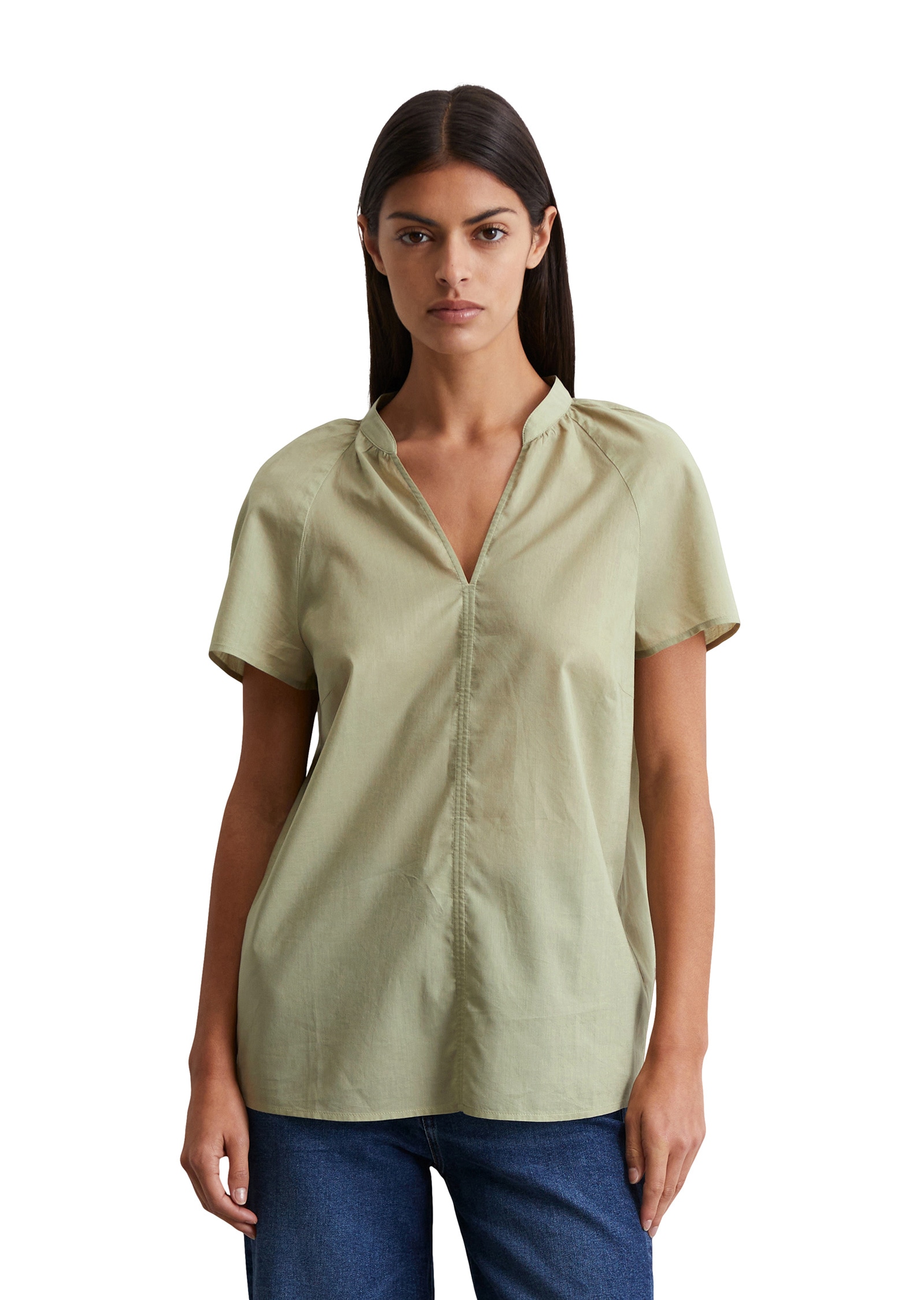 Kurzarmbluse MARC O'POLO "aus leichtem Baumwolle-Voile", Damen, Gr. 32, smooth sage, Obermaterial: 100% Baumwolle, unifarben, regular fit normal, V-Ausschnitt, normaler Saum, Blusen