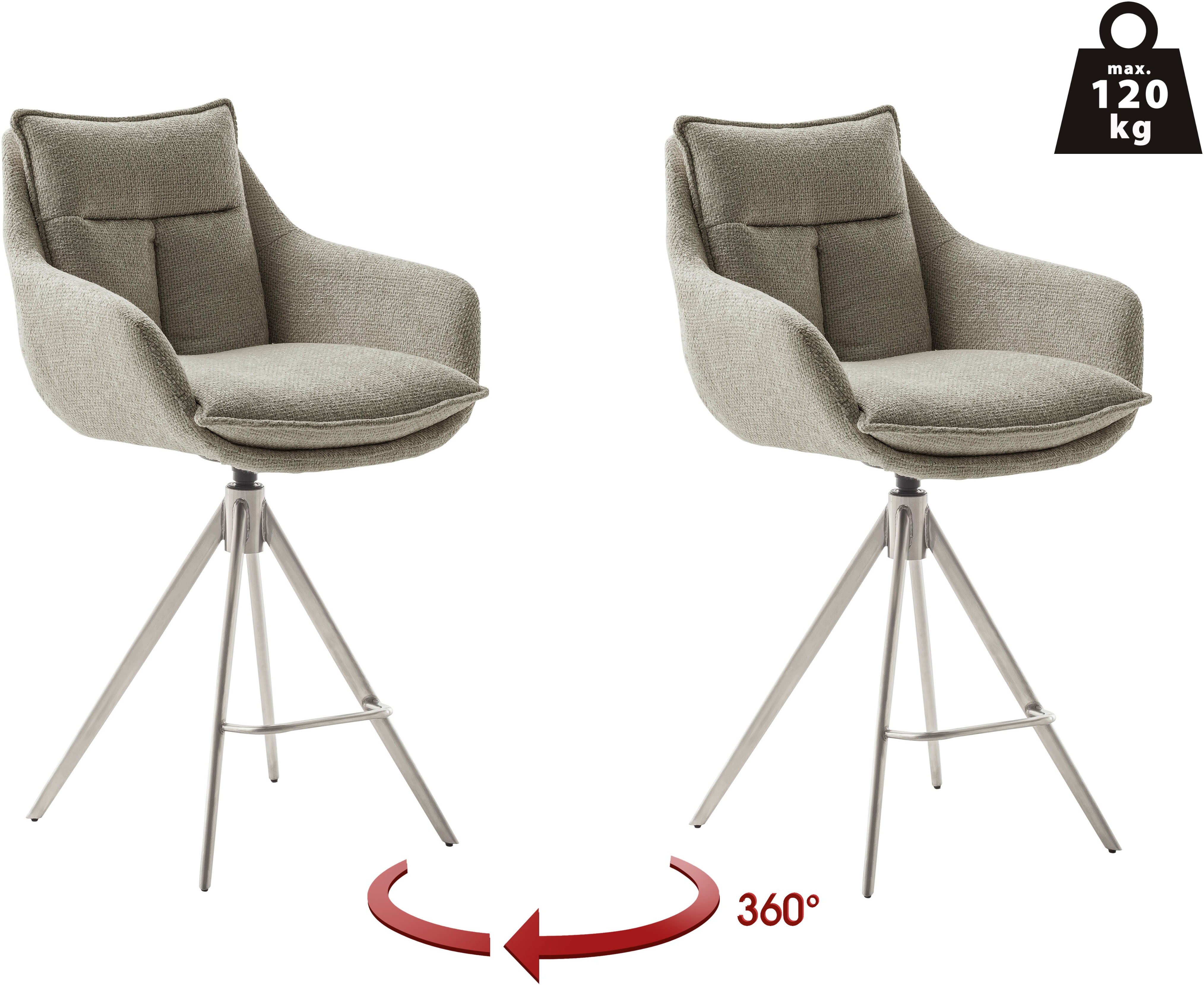 Bistrostuhl MCA FURNITURE "Parker Tresenstuhl mit Armlehnen Tresenhocker", braun (cappuccino, edelstahlfarben), B:60cm H:98cm T:62cm, Polyester, Stühle, Barhocker,Barmoebel,Barstuhl,360 drehbar,mit Lehne,belastbar 120 kg