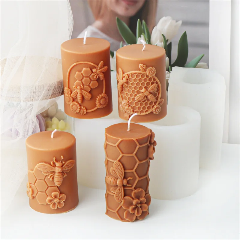 3D Relievo Blume Biene Waben Zylindrische Kerze Form DIY Aromatherapie Seife Gips Silikon Form Handwerk Geschenk Wohnkultur Image