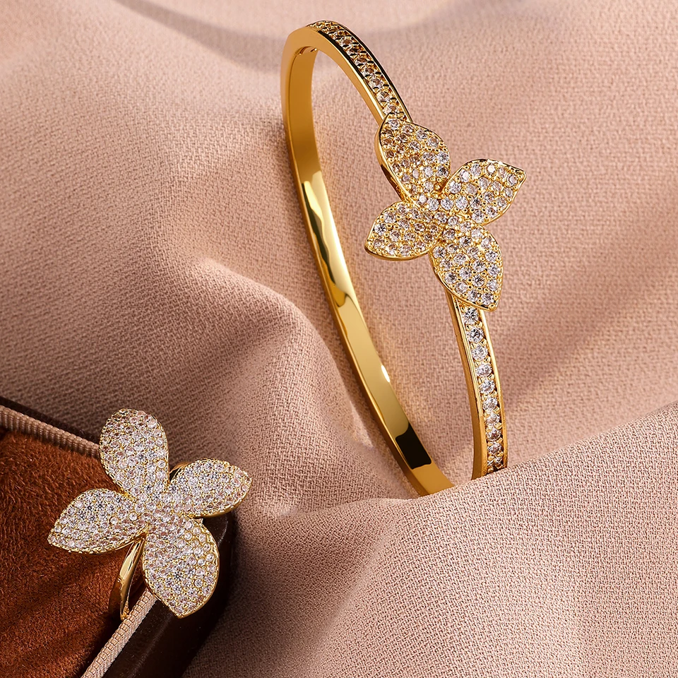 RAKOL 2025 Neue Gold Farbe Blume Blatt Einstellbare Schmuck-Set Armreif Ring für Frauen Geschenk Schmuck Zubehör Image