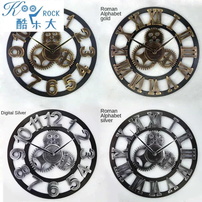 Industrielle Vintage-Wanduhr mit römischen Ziffern, 3D-Getriebe-Design, Retro-Gold- und Silber-Finish, weicher Stil, perfekt für das Wohnzimmer