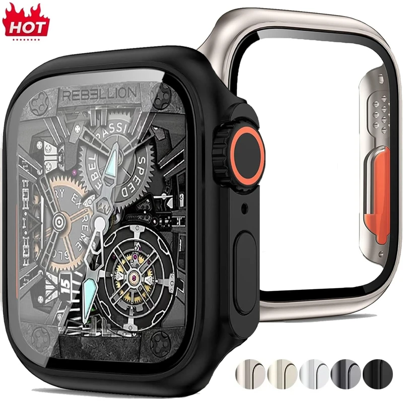 Displayschutzfolie für Apple Watch 46 mm, 44 mm, 45 mm, 40 mm, 41 mm, hartes PC-Gehäuse vorne und hinten, iWatch 10, 9, 8, 7, 6, Wechsel zu Ultra Image