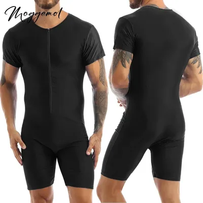 Einteiliger Body mit Reißverschluss vorne für Herren, Workout, Biketard, Ganzanzug, kurzärmelig, Wrestling-Singlet-Overall, Fitnessstudio, Yoga, Sport, Badeanzug Image