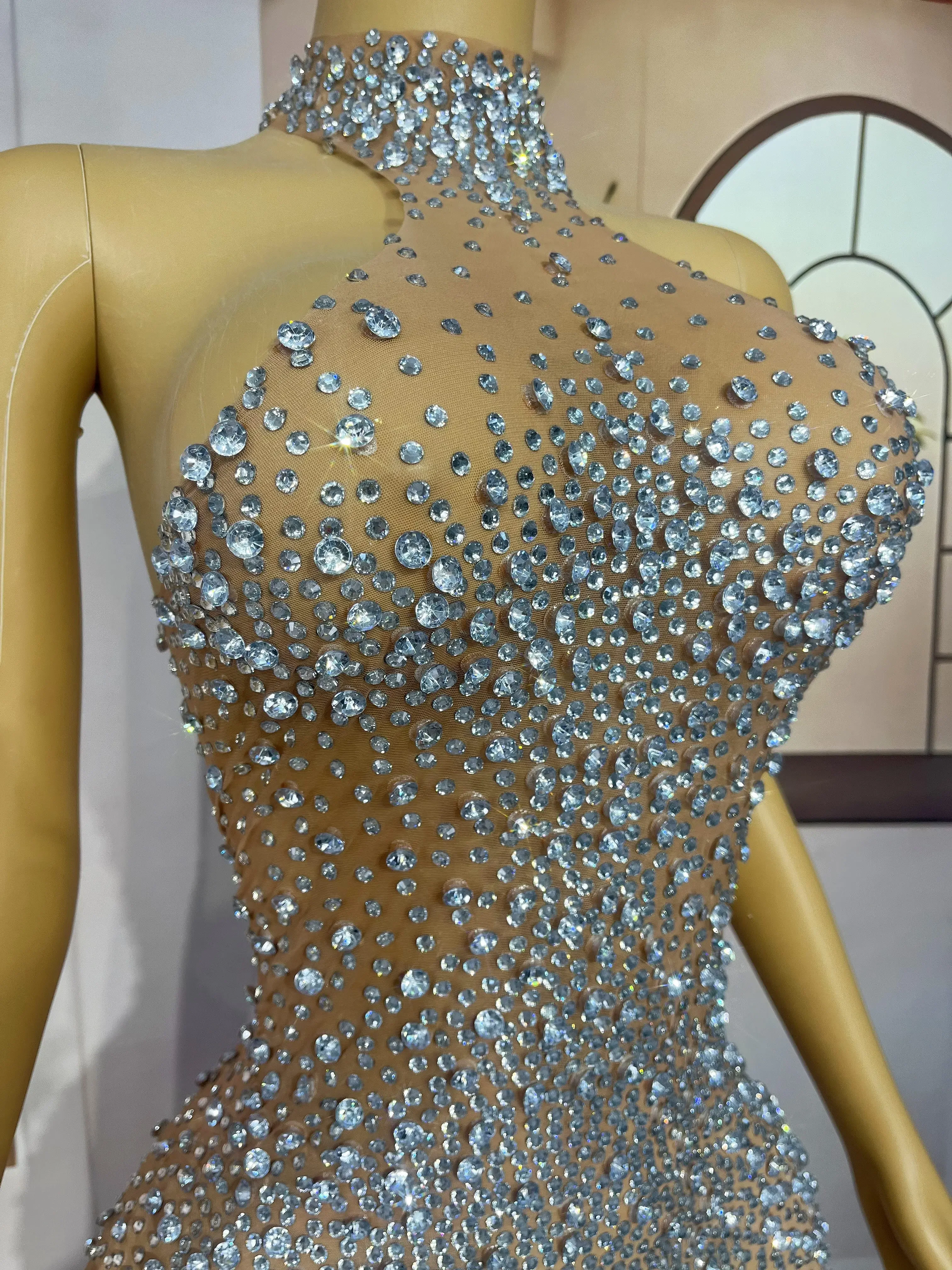 Frauen Tänzerin Show Kostüm Abend Prom Elegantes Kleid Twinkle Twinkle Little Strass Sexy Transparent Mesh Langes Kleid