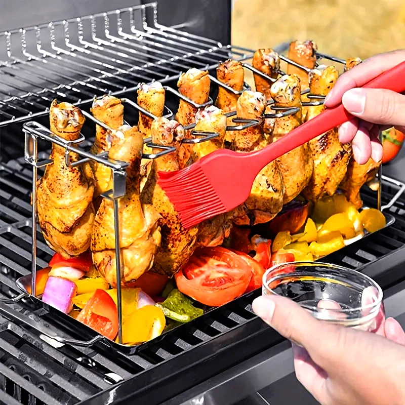1 Stück klappbarer Hühnerbein-Flügelständer aus Edelstahl, Hühnerbein-Grill, BBQ, Hühnerflügel-Rack, vertikaler Grill für Räucherofen Image