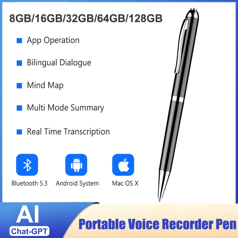 8-128 GB Digital AI Voice Recorder ChatGPT Mini Intelligente Übersetzung Übersetzung Aufnahme Stift APP Steuerung Sound Diktiergerät Image