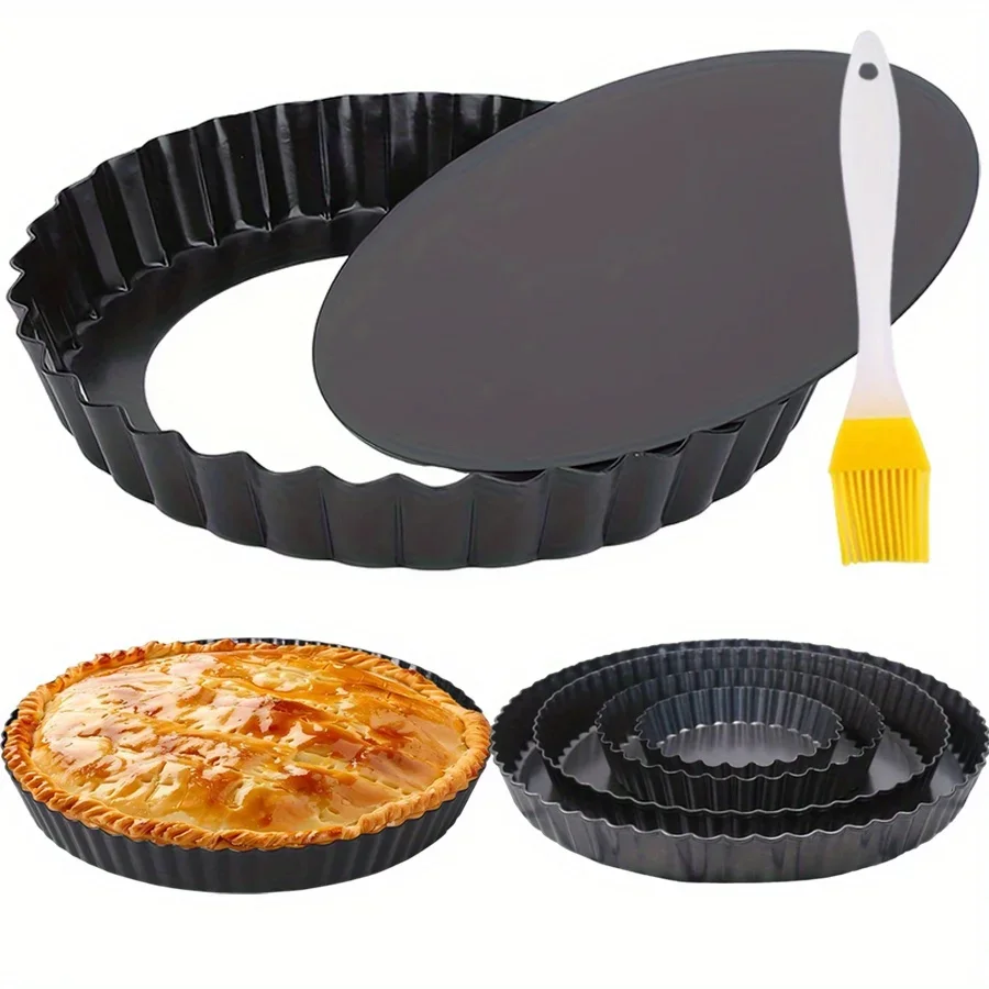 4/6/8/9 Zoll schwarze Karbonstahl-Torten-Quiche-Pfanne, abnehmbarer Boden, antihaftbeschichtet, für den Ofen, spülmaschinenfest, inklusive Gebäckbürste JXB Image